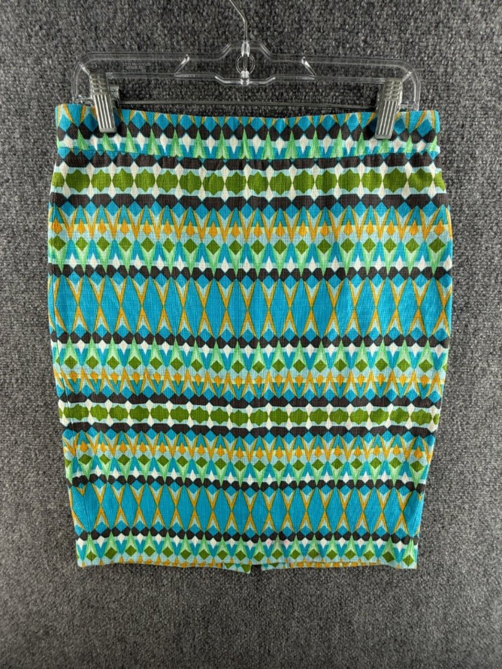 J Crew Pencil Skirt Women Green Blue Geometric Size 6 Back Zip Cotton Office